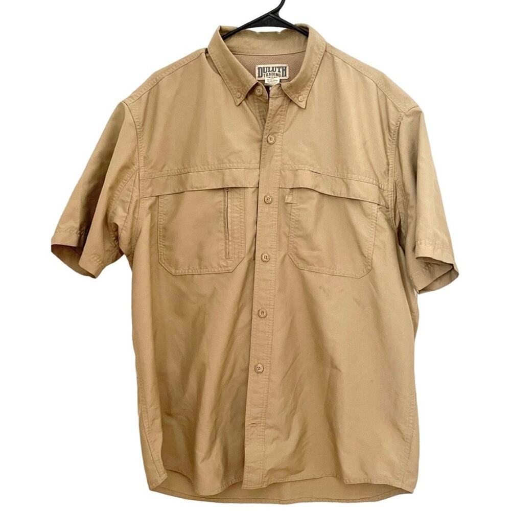 DULUTH TRADING CO men's fishing trail hiking short sleeves TAN shirt SIZE L
